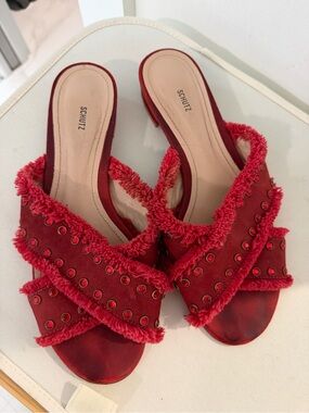 SCHUTZ Red Fringe Crossband Slide Sandals